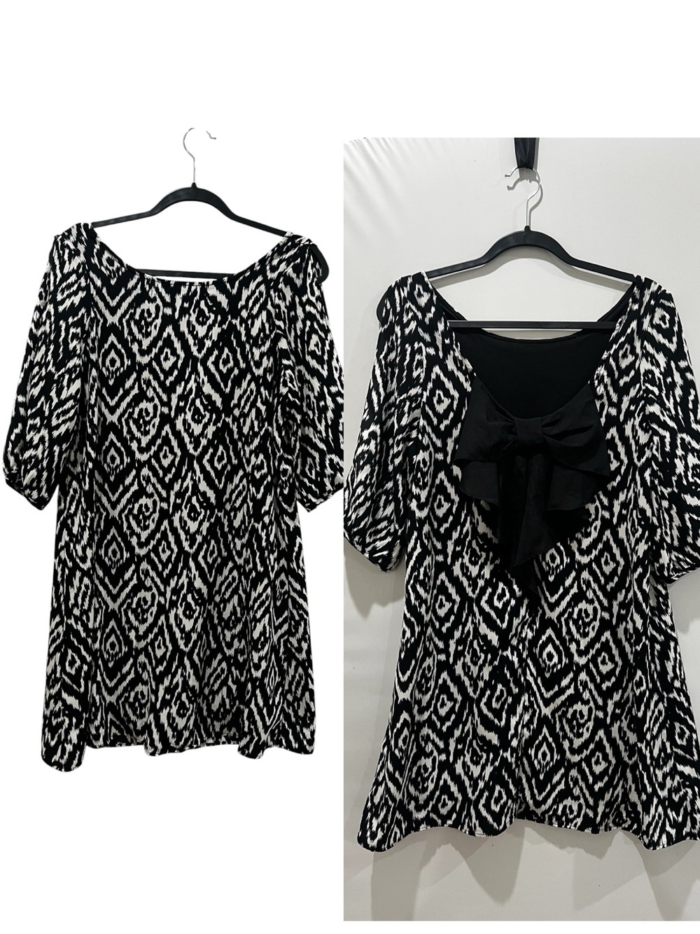 Bluetique Dress Womens Large Black Ikat Y2K Babydoll Fairy Bow Cold Shoulder
